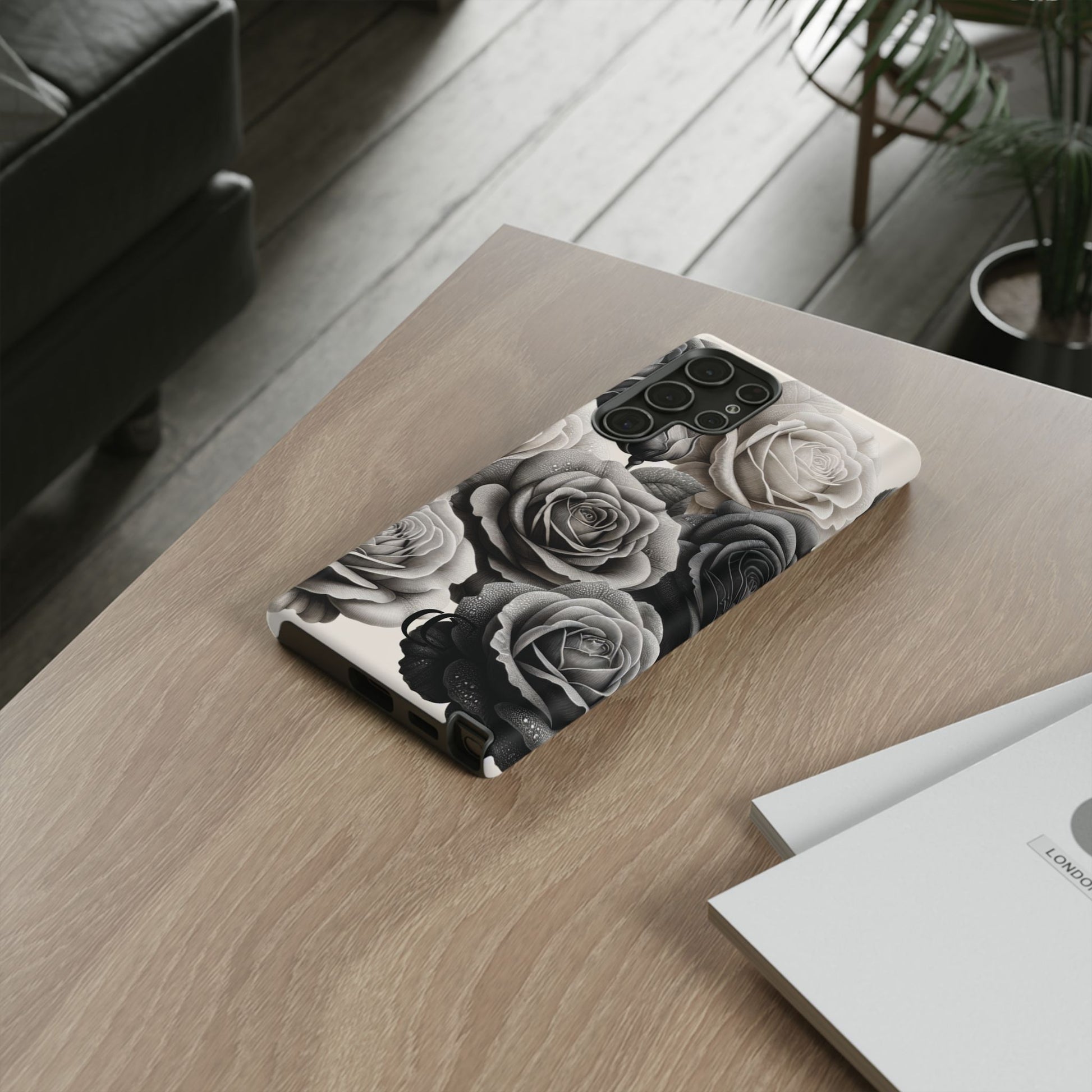 Elegant Floral Phone Case | Tough Cases with Black and White Roses | Stylish Gift for Her, Samsung Case, Vintage Design
