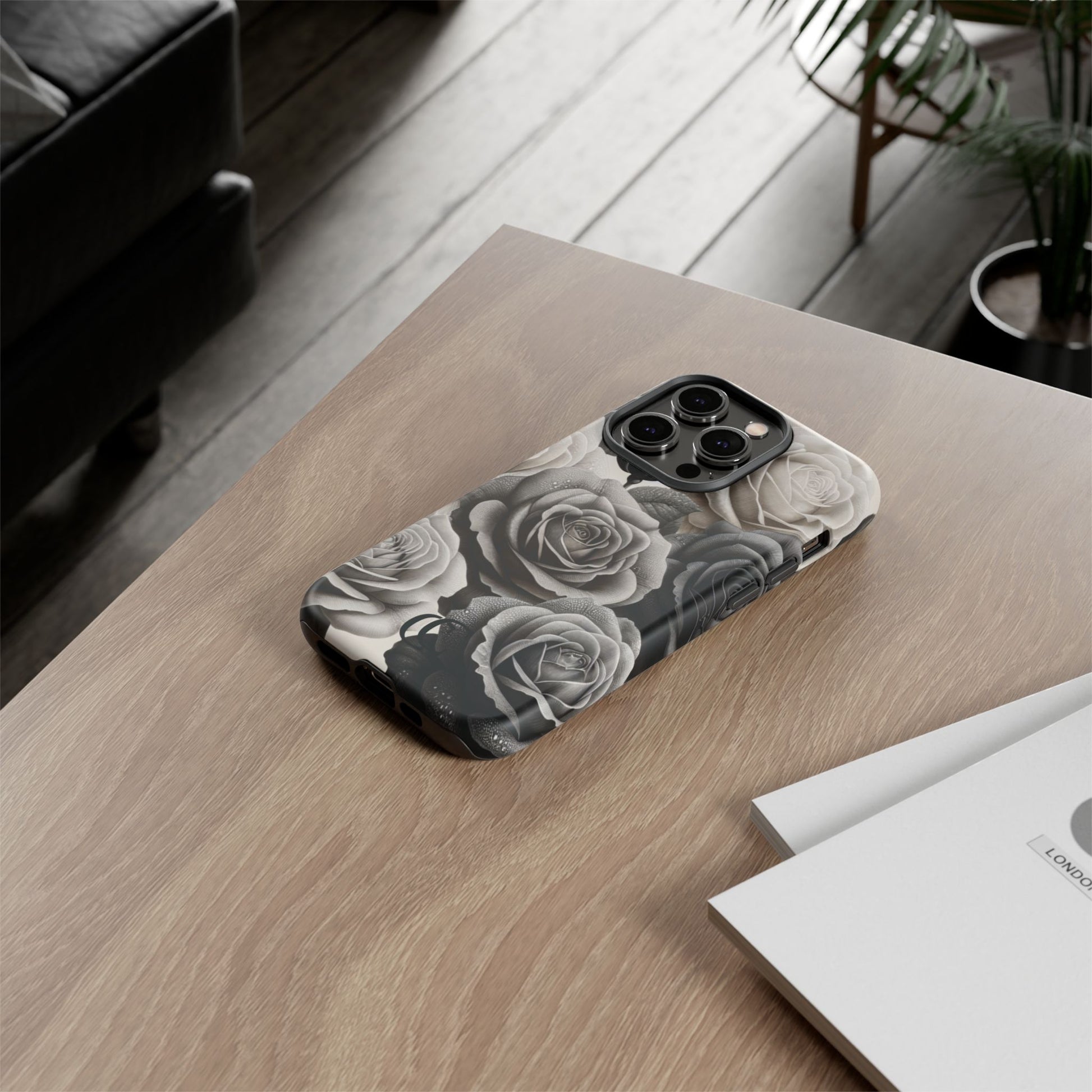 Elegant Floral Phone Case | Tough Cases with Black and White Roses | Stylish Gift for Her, iPhone Cover, Vintage Design