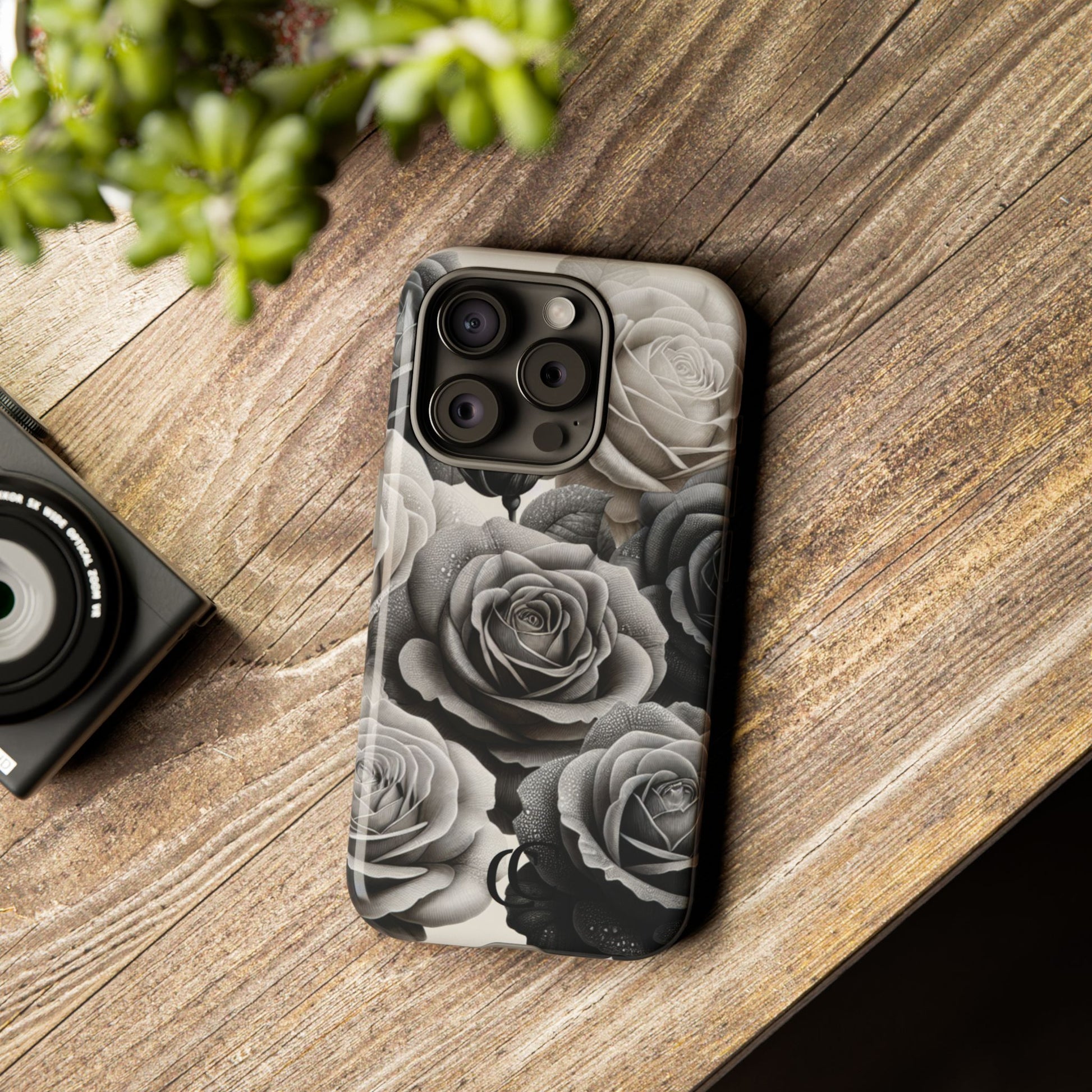 Elegant Floral Phone Case | Tough Cases with Black and White Roses | Stylish Gift for Her, iPhone Cover, Vintage Design