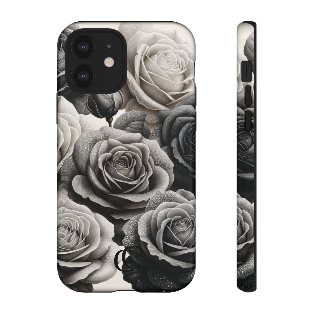 Elegant Floral Phone Case | Tough Cases with Black and White Roses | Stylish Gift for Her, iPhone Cover, Vintage Design