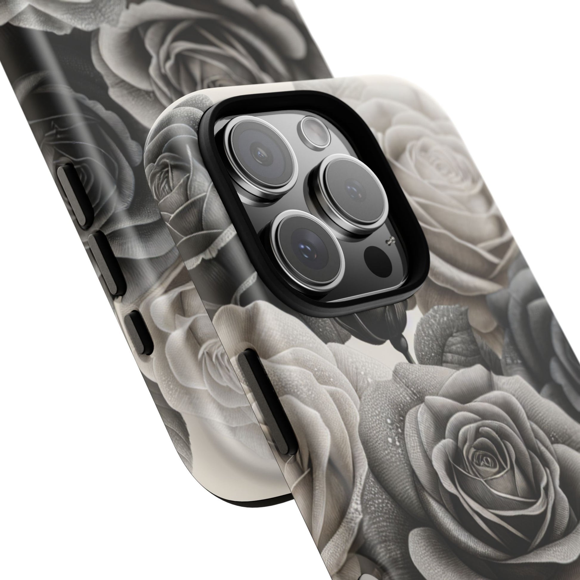 Elegant Floral Phone Case | Tough Cases with Black and White Roses | Stylish Gift for Her, iPhone Cover, Vintage Design