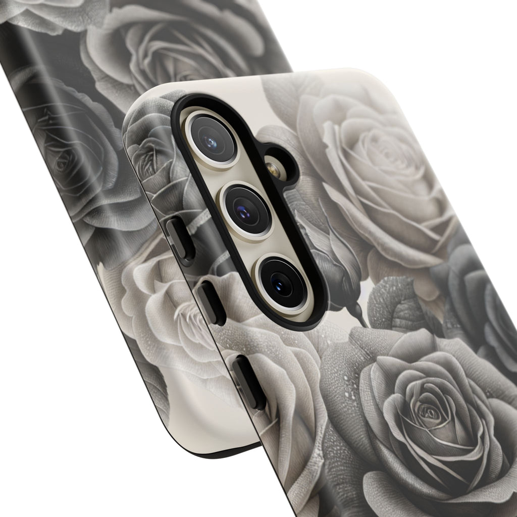 Elegant Floral Phone Case | Tough Cases with Black and White Roses | Stylish Gift for Her, Samsung Case, Vintage Design